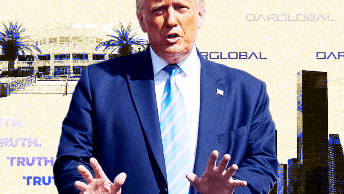 Trump in front of Trump World Tower, Truth Social logo, DARGLOBAL logo, and real estate development.